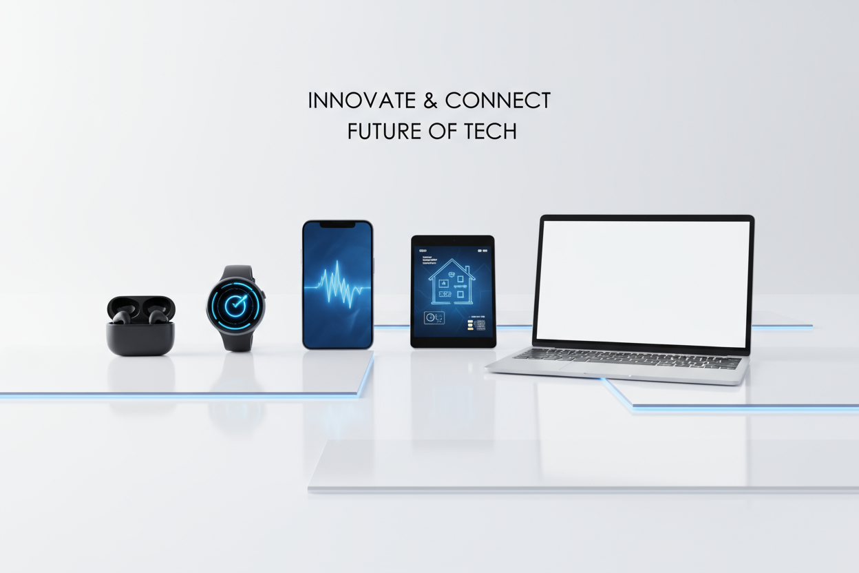 generate an image having smart and tech gadgets in a professional and modern way the theme should be modern and clean this is main store banner